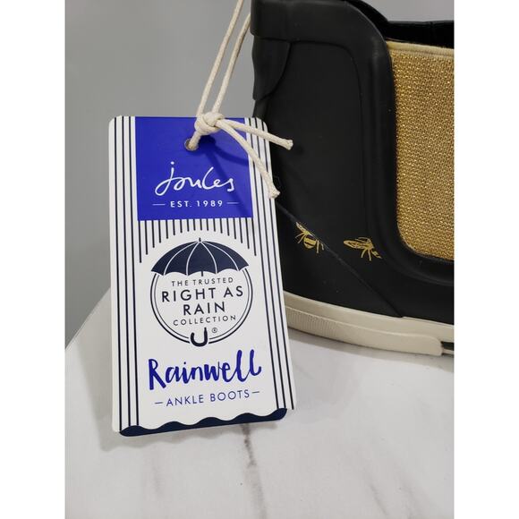 NEW WITH TAGS NO BOX - Joules Right As Rain Ankle Boots Gold Bee Black Slip On - Picture 2 of 7